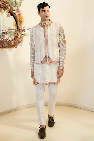 Ivory Georgette Cutdana Work Bundi Jacket by Rabani & Rakha Men