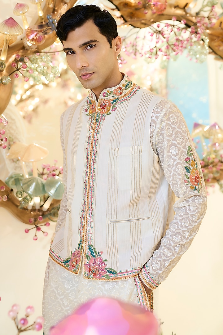 Ivory Georgette Cutdana Work Bundi Jacket by Rabani & Rakha Men at Pernia's Pop Up Shop