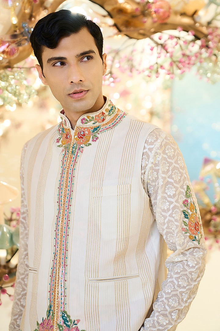 Ivory Georgette Cutdana Work Bundi Jacket by Rabani & Rakha Men at Pernia's Pop Up Shop