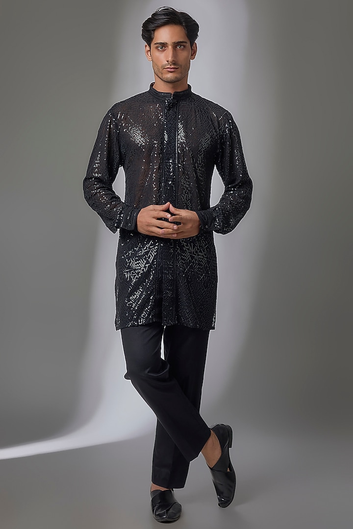 Black Georgette Kurta Set by Rabani & Rakha Men at Pernia's Pop Up Shop