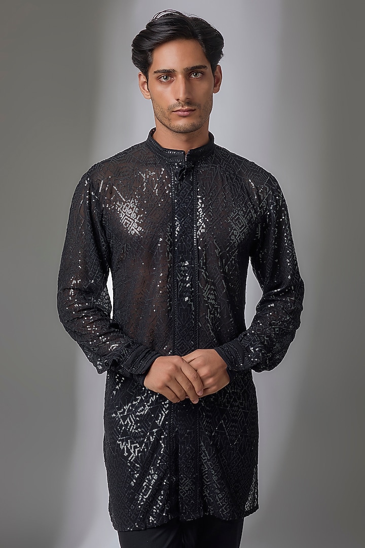 Black Georgette Kurta Set by Rabani & Rakha Men at Pernia's Pop Up Shop