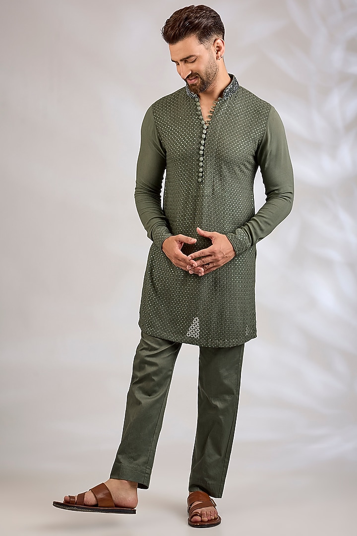 Moss Green Georgette Kurta Set by Rabani & Rakha Men at Pernia's Pop Up Shop