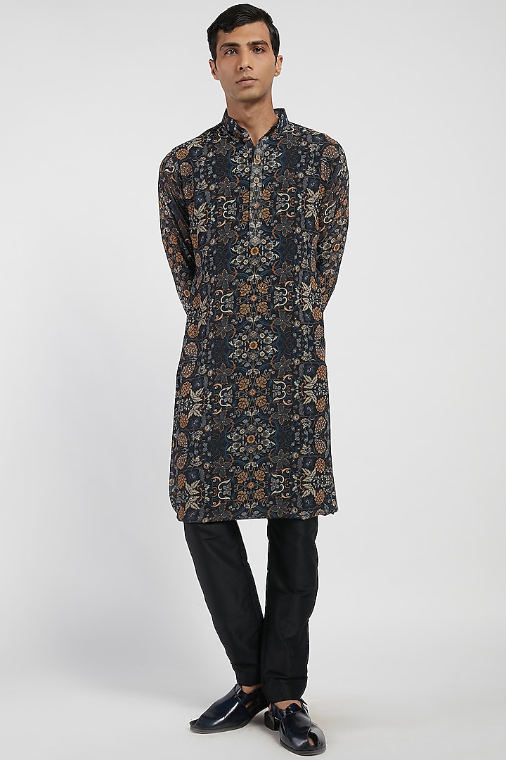 Black & Grey Mughal Bagh Kurta Set by Rabani & Rakha Men at Pernia's Pop Up Shop
