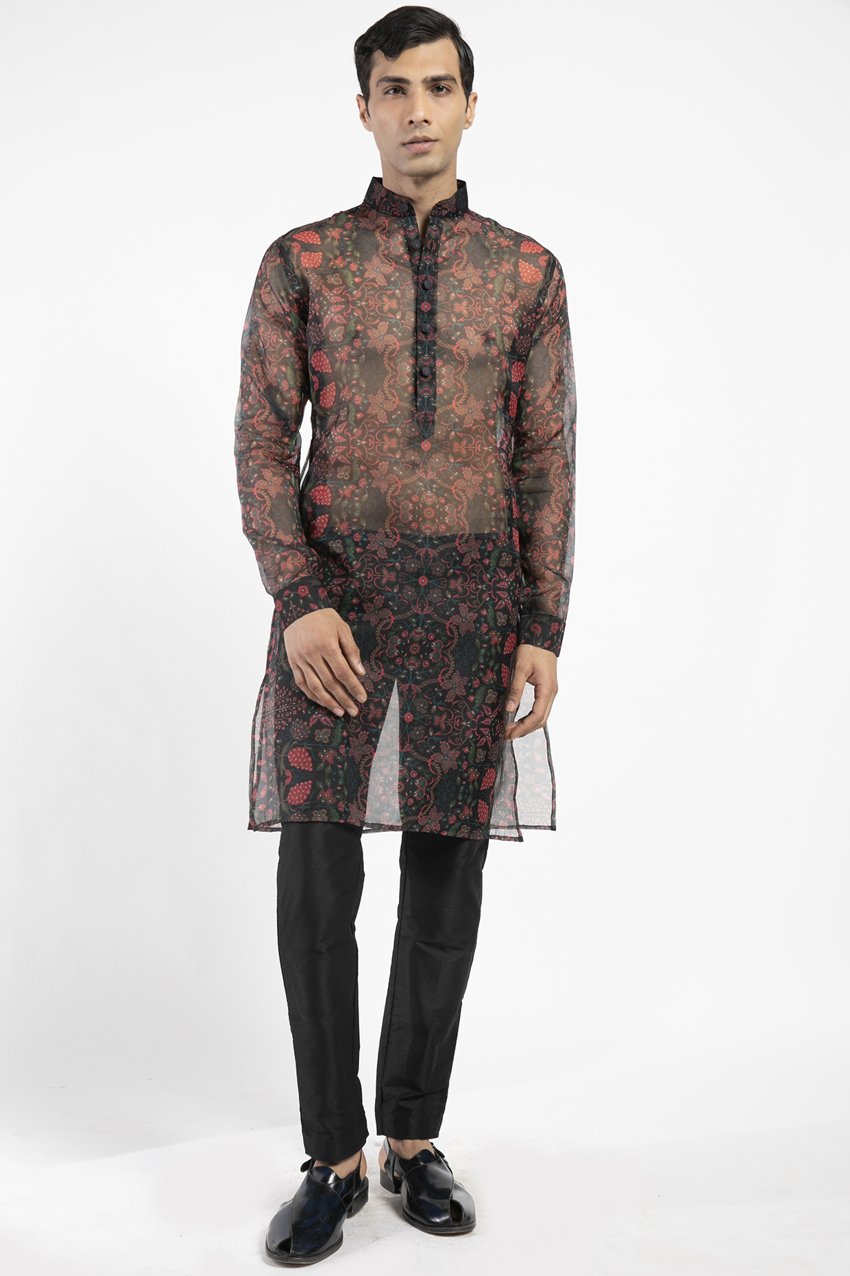 Black & Red Organza Mughal Bagh Kurta Set by Rabani & Rakha Men