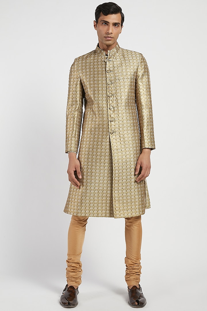 Golden Embroidered Wedding Sherwani Set by Rabani & Rakha Men at Pernia's Pop Up Shop