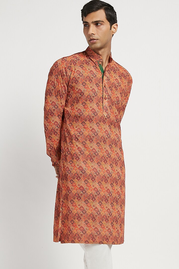 Coral Printed Kurta Set by Rabani & Rakha Men at Pernia's Pop Up Shop