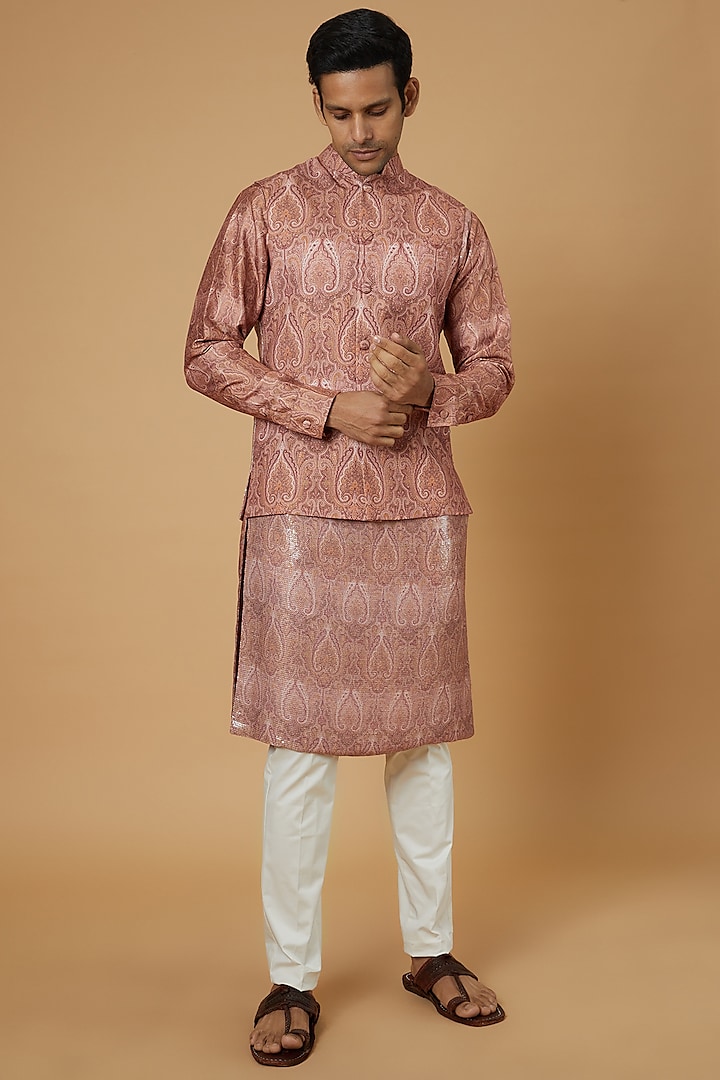 Blush Pink Crepe Printed Bundi Jacket With Kurta Set by Rabani & Rakha Men