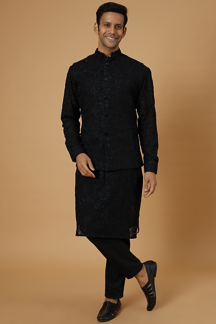 Black Georgette Embroidered Bundi Jacket With Kurta Set by Rabani & Rakha Men