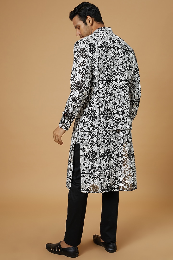 Black Georgette Embroidered Bundi Jacket With Kurta Set by Rabani & Rakha Men at Pernia's Pop Up Shop