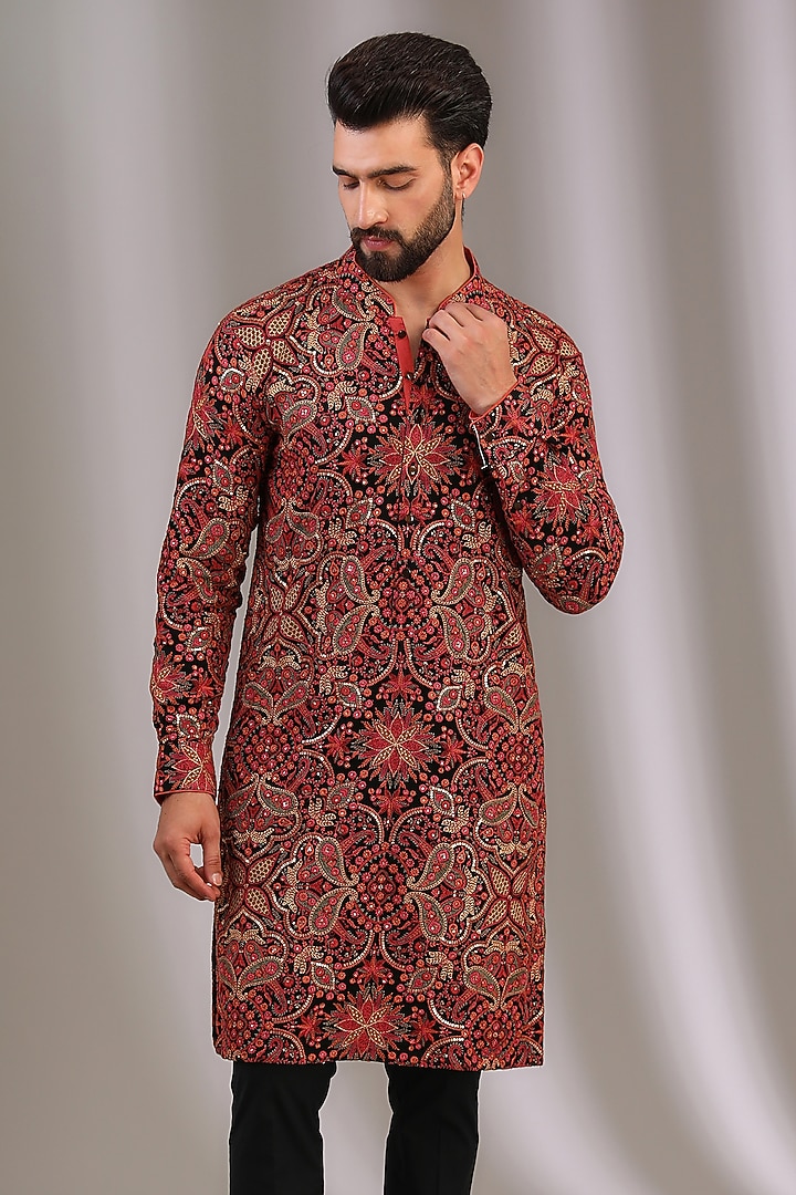 Black Georgette Resham Embroidered Kurta Set by Rabani & Rakha Men at Pernia's Pop Up Shop