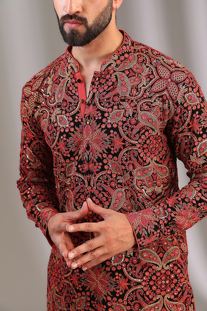 Black Georgette Resham Embroidered Kurta Set by Rabani & Rakha Men at Pernia's Pop Up Shop