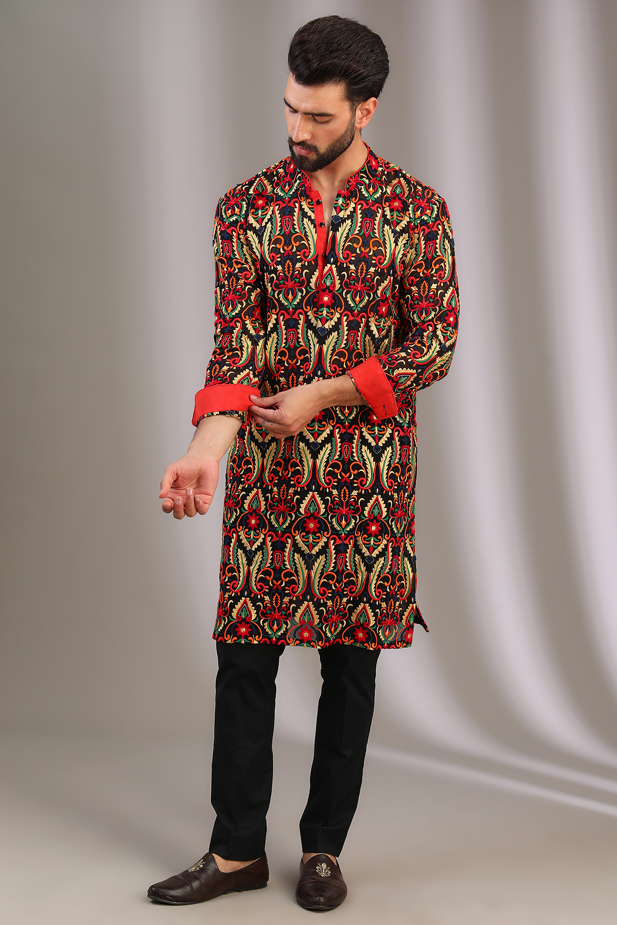 Black Georgette Resham Jaal Work Kurta Set by Rabani & Rakha Men at Pernia's Pop Up Shop