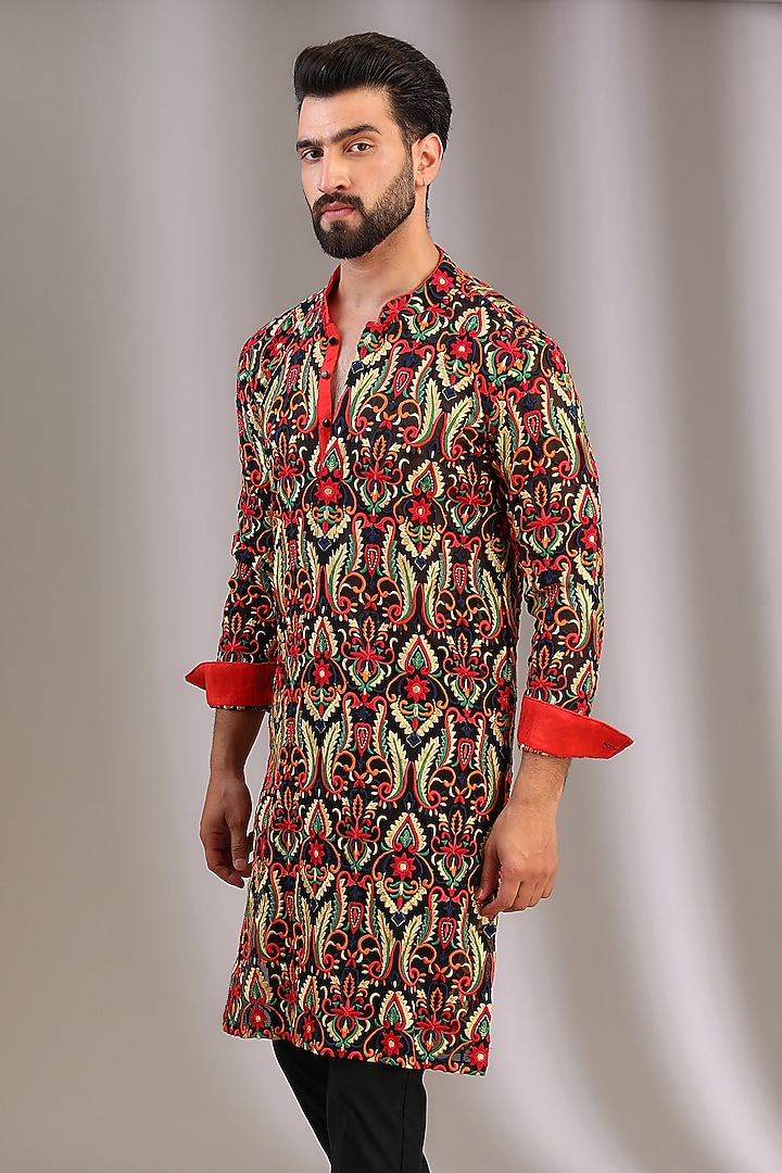 Black Georgette Resham Jaal Work Kurta Set by Rabani & Rakha Men at Pernia's Pop Up Shop