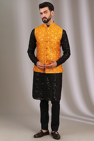 Yellow Silk Boota & Sequins Work Bundi Jacket by Rabani & Rakha Men