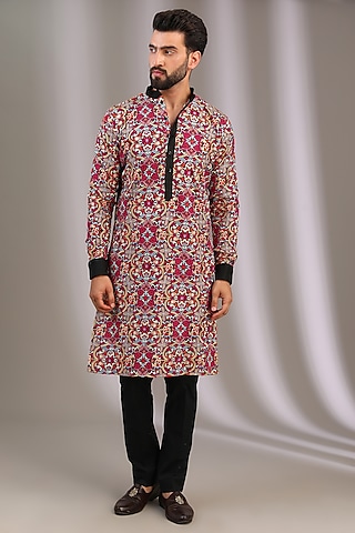 Black Georgette Resham Jaal Work Kurta Set by Rabani & Rakha Men