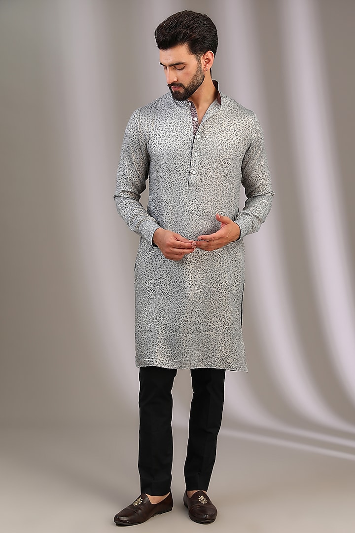 Silver Silk Printed Kurta Set by Rabani & Rakha Men