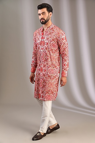 Ivory Georgette Resham Jaal Work Kurta Set by Rabani & Rakha Men