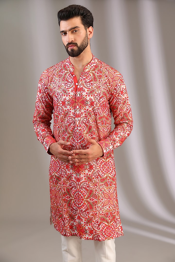Ivory Georgette Resham Jaal Work Kurta Set by Rabani & Rakha Men at Pernia's Pop Up Shop