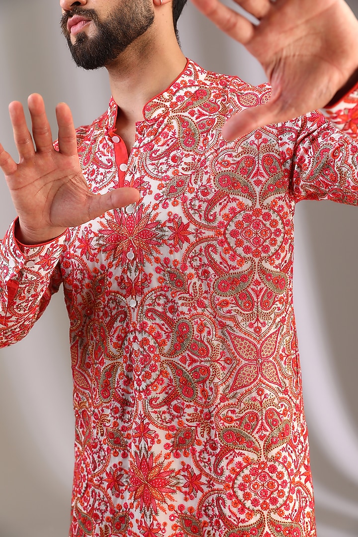 Ivory Georgette Resham Jaal Work Kurta Set by Rabani & Rakha Men at Pernia's Pop Up Shop