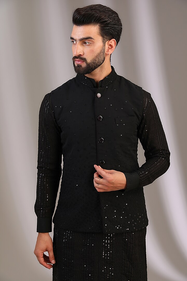 Black Georgette Bundi Jacket by Rabani & Rakha Men at Pernia's Pop Up Shop