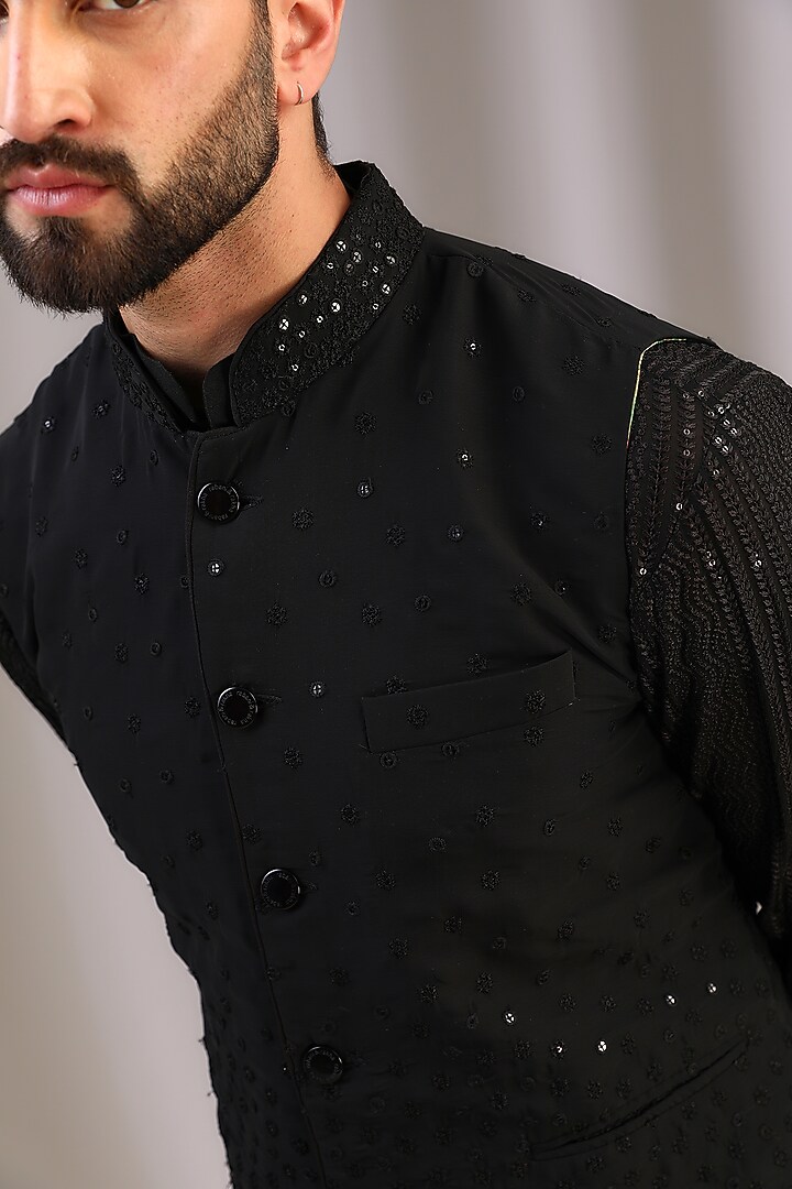 Black Georgette Bundi Jacket by Rabani & Rakha Men at Pernia's Pop Up Shop