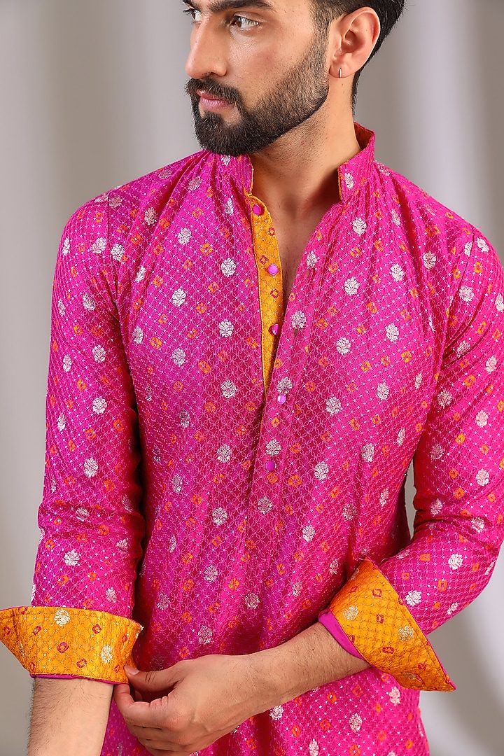 Fuchsia Silk Boota & Sequins Work Kurta Set by Rabani & Rakha Men at Pernia's Pop Up Shop