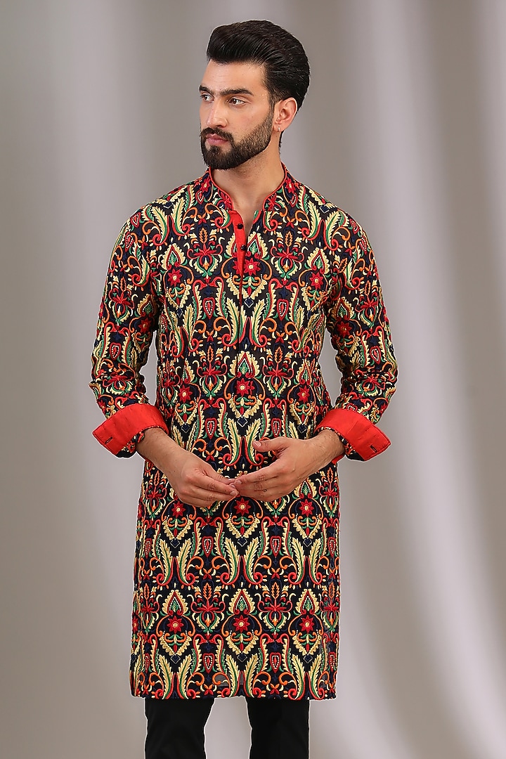 Blue Georgette Resham Jaal Work Kurta Set by Rabani & Rakha Men at Pernia's Pop Up Shop