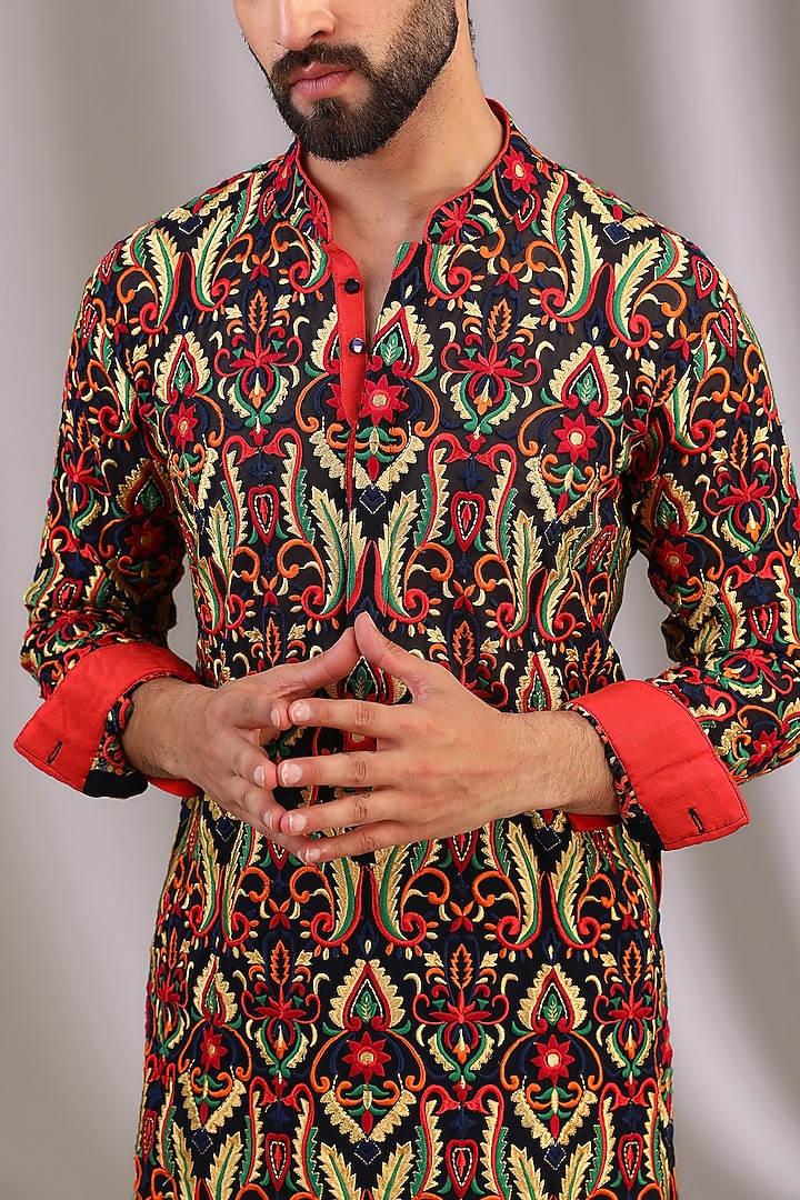 Blue Georgette Resham Jaal Work Kurta Set by Rabani & Rakha Men at Pernia's Pop Up Shop