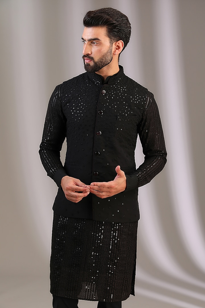 Black Georgette Bundi Jacket by Rabani & Rakha Men at Pernia's Pop Up Shop