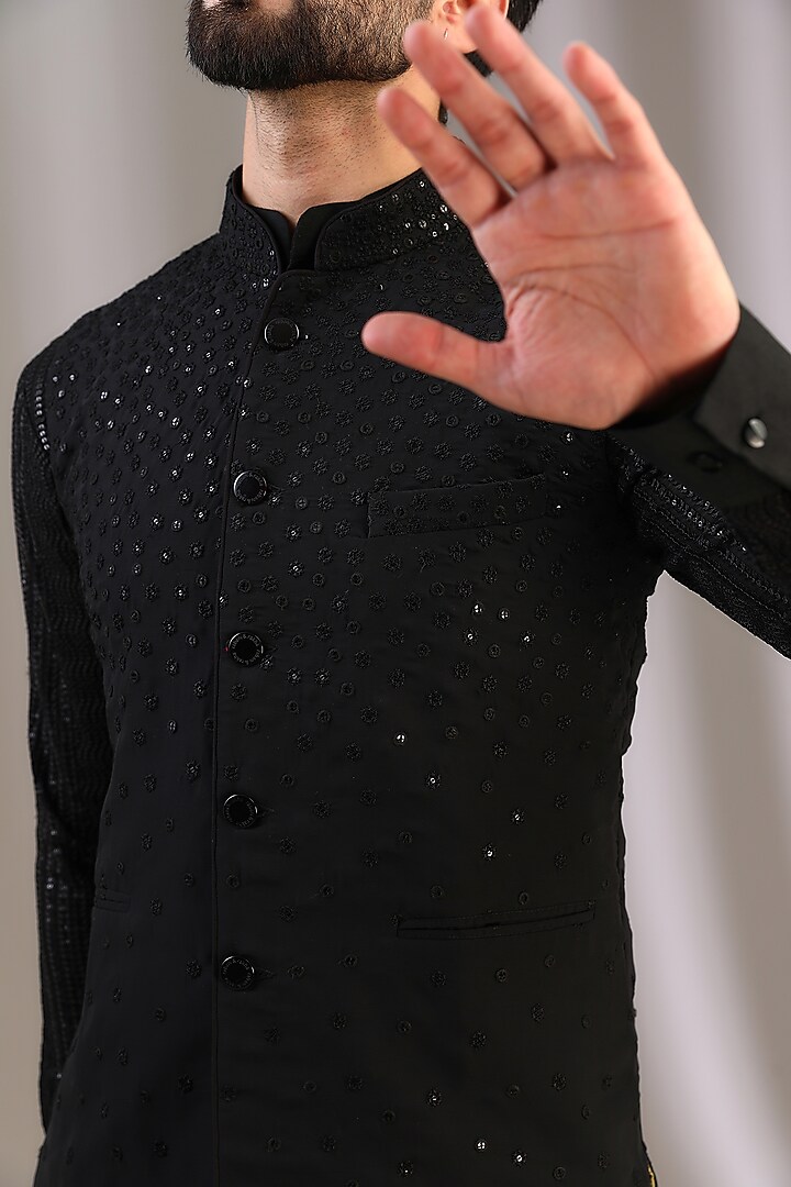 Black Georgette Bundi Jacket by Rabani & Rakha Men at Pernia's Pop Up Shop