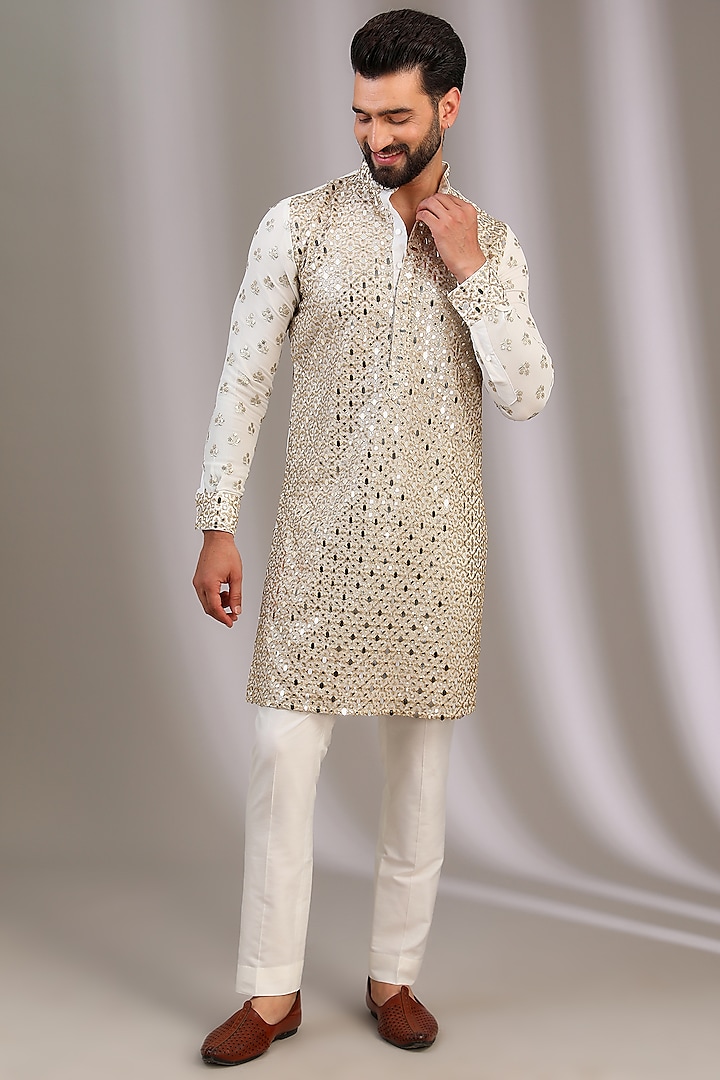 Ivory Georgette Mirror Work Kurta Set by Rabani & Rakha Men at Pernia's Pop Up Shop