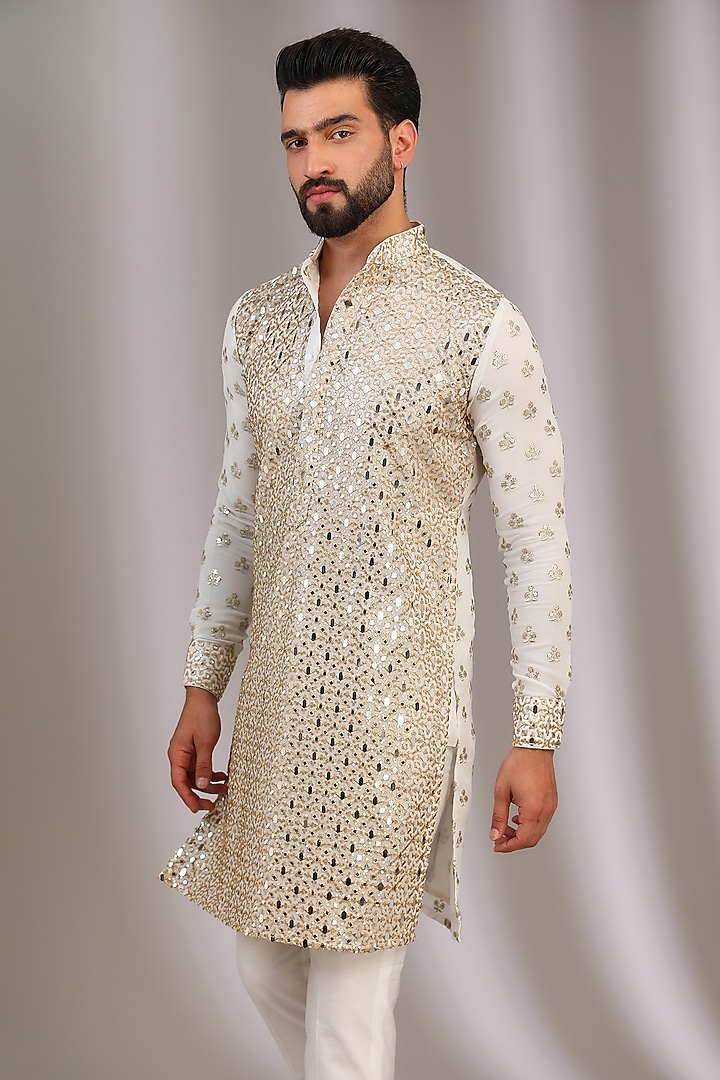 Ivory Georgette Mirror Work Kurta Set by Rabani & Rakha Men at Pernia's Pop Up Shop