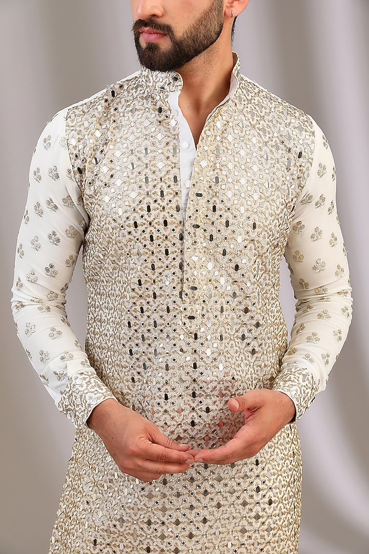 Ivory Georgette Mirror Work Kurta Set by Rabani & Rakha Men at Pernia's Pop Up Shop