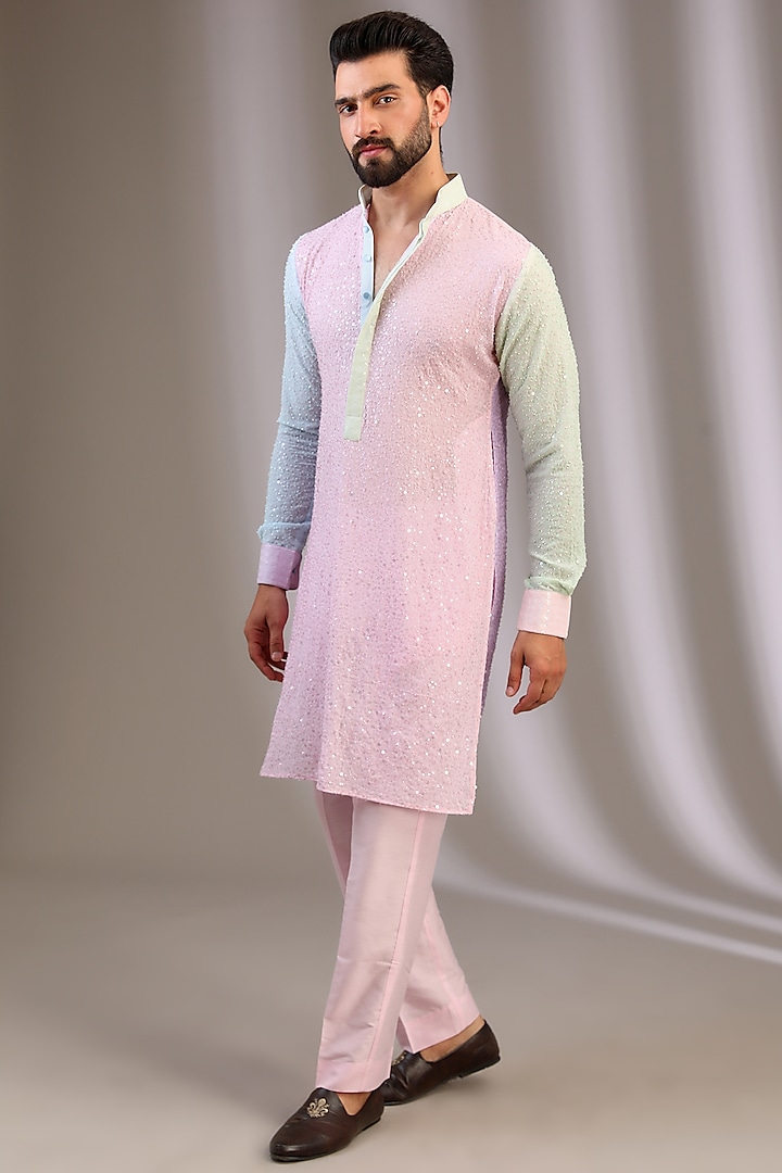 Multi-Colored Georgette Embroidered Kurta Set by Rabani & Rakha Men