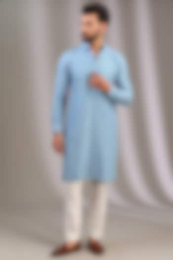 Pale Blue Silk Zari Work Kurta Set by Rabani & Rakha Men