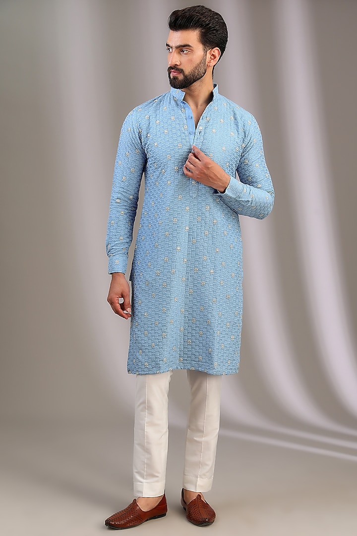 Pale Blue Silk Zari Work Kurta Set by Rabani & Rakha Men