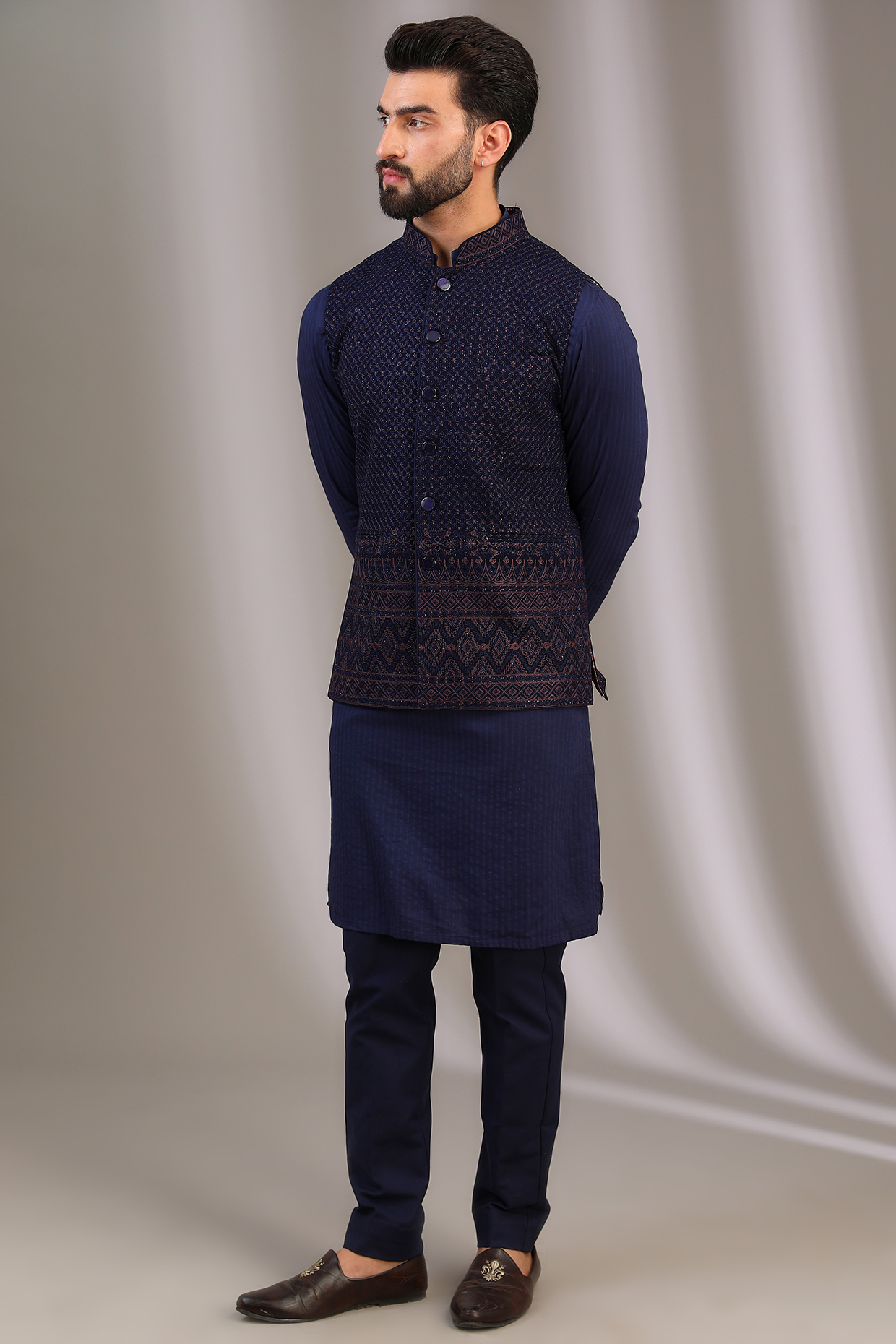 Blue Georgette Sequins Jaal Work Bundi Jacket by Rabani & Rakha Men at Pernia's Pop Up Shop