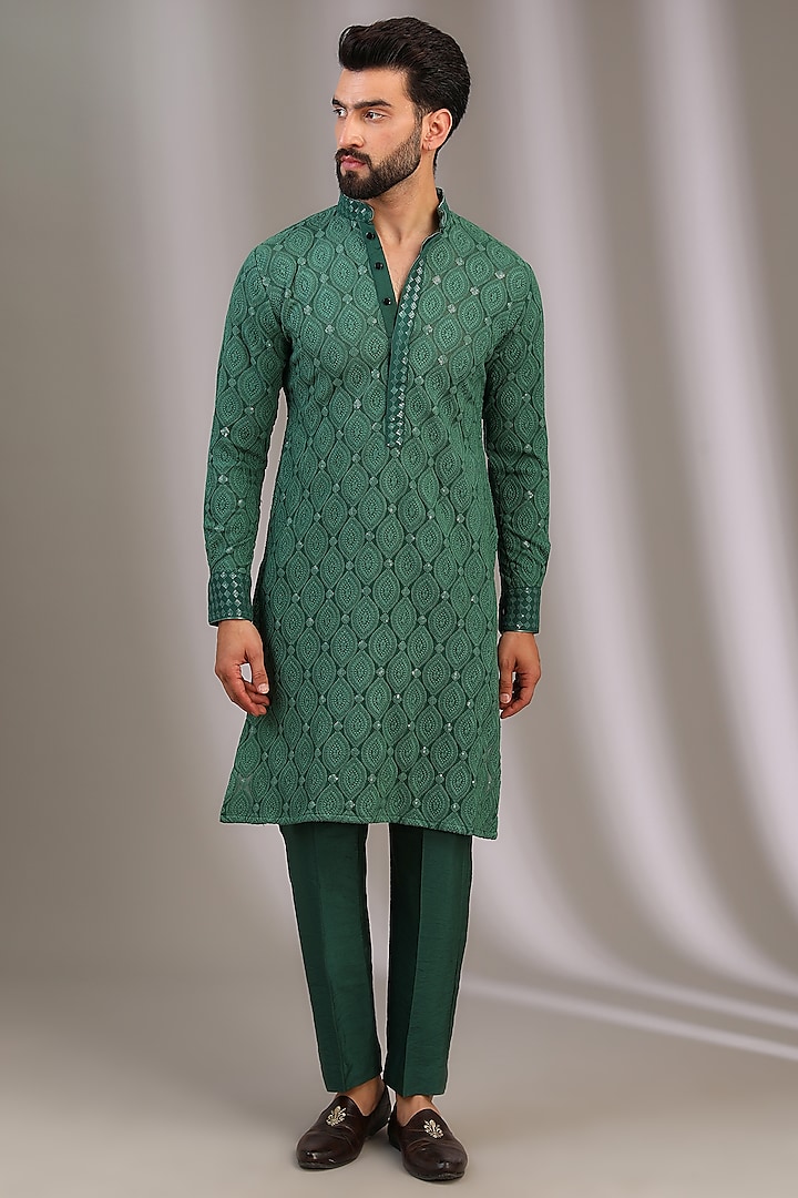 Green Georgette Thread Work Kurta Set by Rabani & Rakha Men