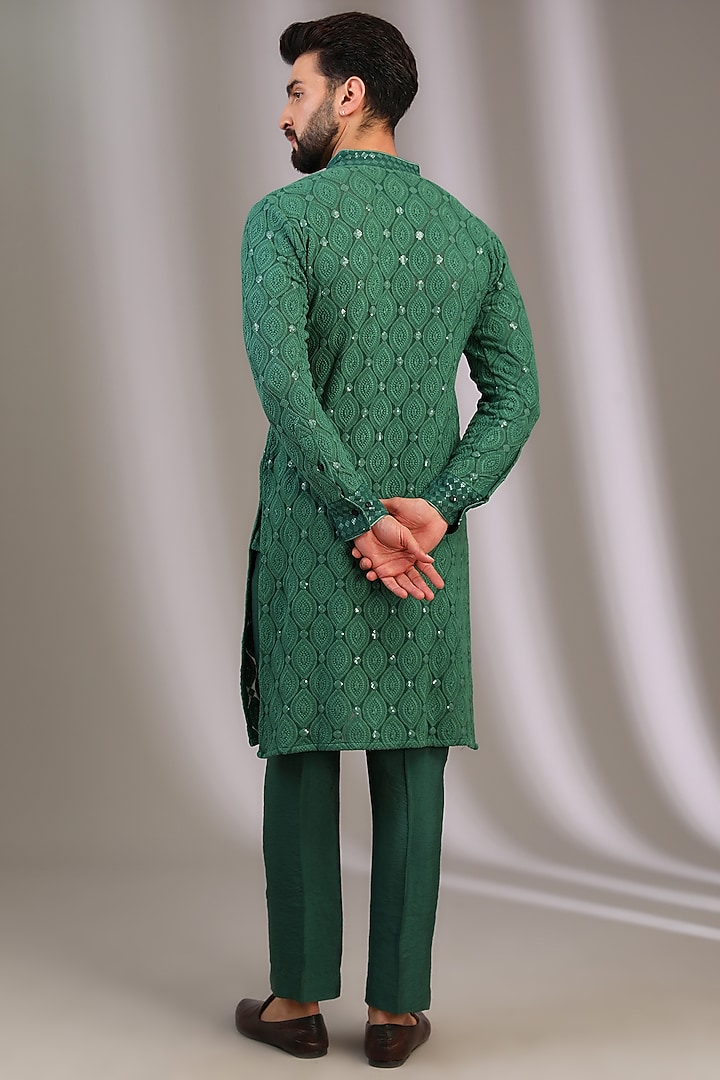 Green Georgette Thread Work Kurta Set by Rabani & Rakha Men at Pernia's Pop Up Shop