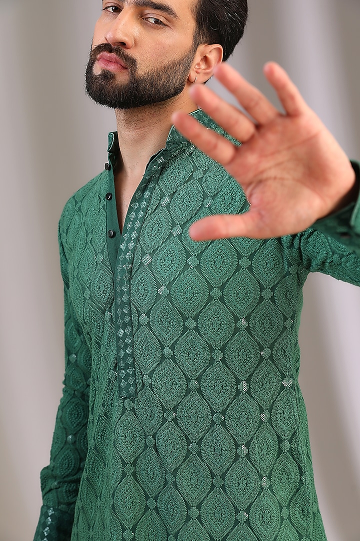 Green Georgette Thread Work Kurta Set by Rabani & Rakha Men at Pernia's Pop Up Shop
