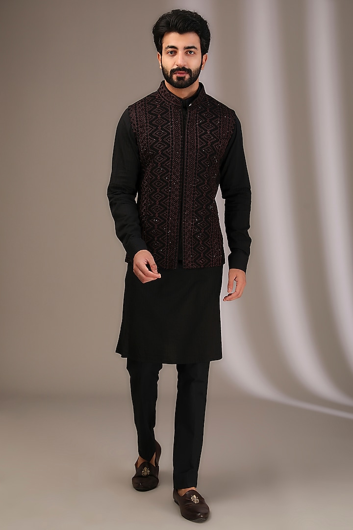 Black Georgette Thread & Sequins Embroidered Bundi Jacket by Rabani & Rakha Men