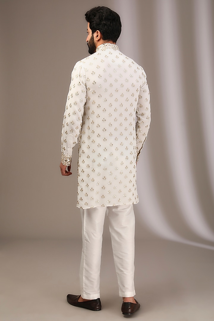Ivory Georgette Mirror & Sequins Embroidered Kurta Set by Rabani & Rakha Men at Pernia's Pop Up Shop