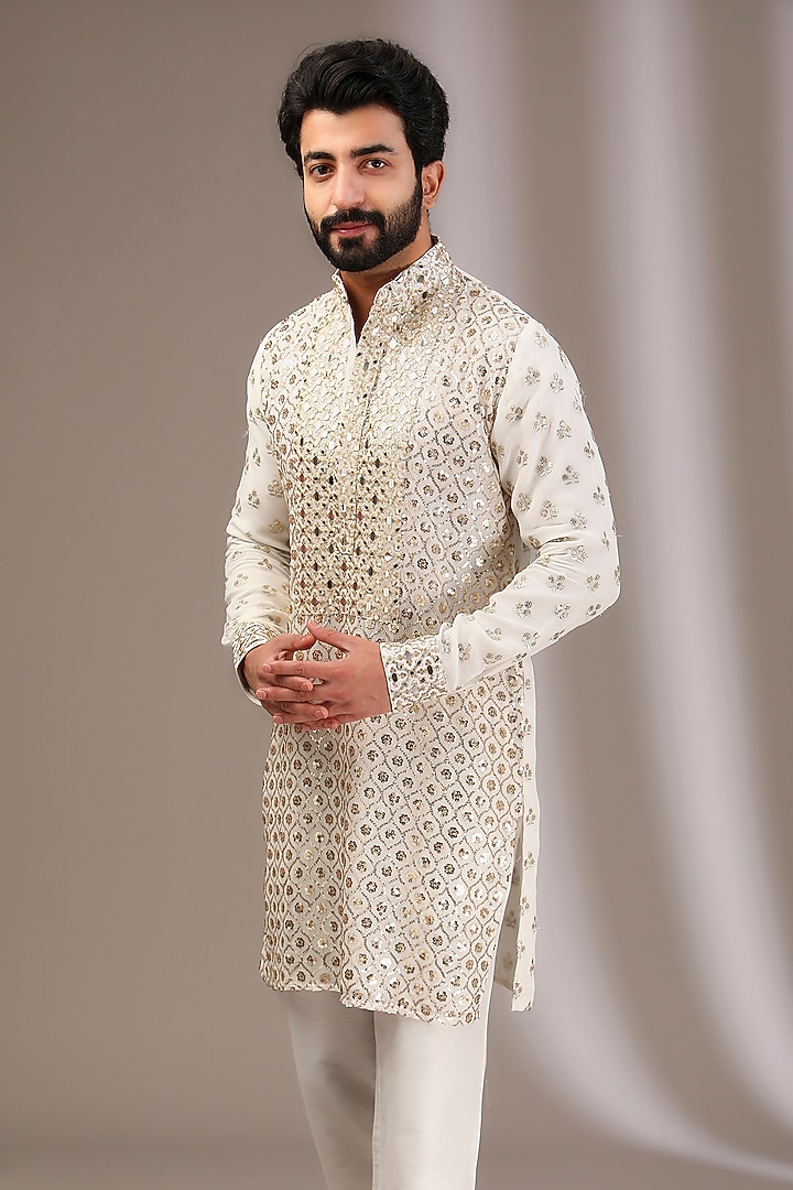Ivory Georgette Mirror & Sequins Embroidered Kurta Set by Rabani & Rakha Men at Pernia's Pop Up Shop