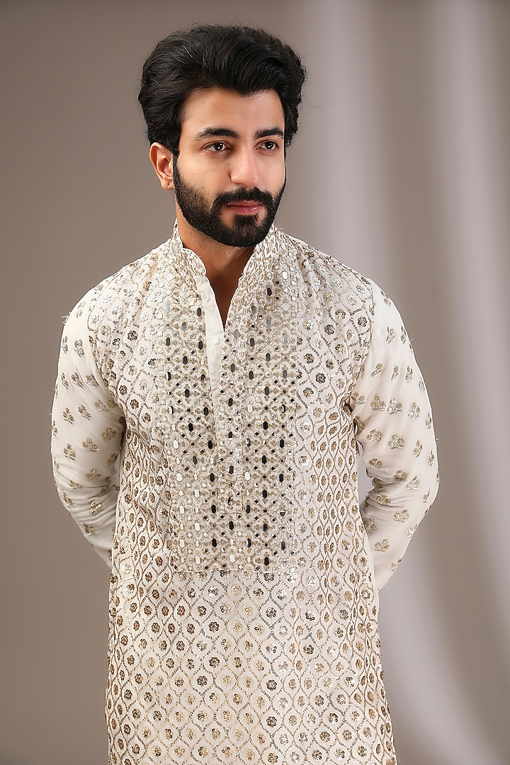 Ivory Georgette Mirror & Sequins Embroidered Kurta Set by Rabani & Rakha Men at Pernia's Pop Up Shop