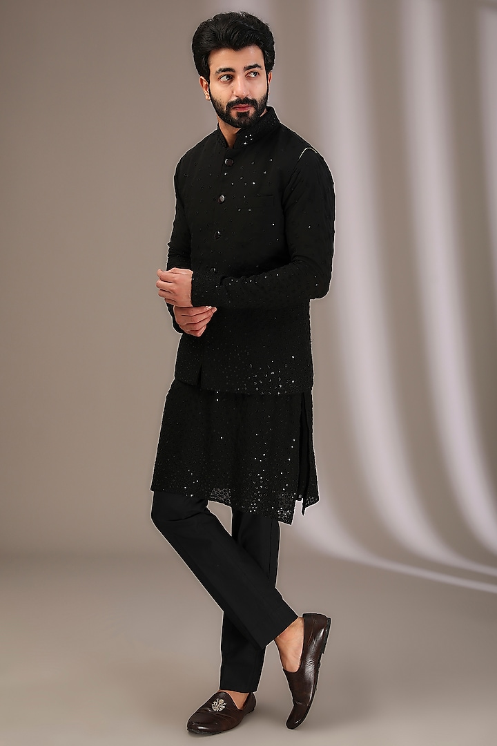 Black Georgette Thread & Sequins Embroidered Bundi Jacket Set by Rabani & Rakha Men