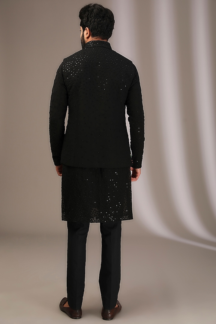 Black Georgette Thread & Sequins Embroidered Bundi Jacket Set by Rabani & Rakha Men at Pernia's Pop Up Shop