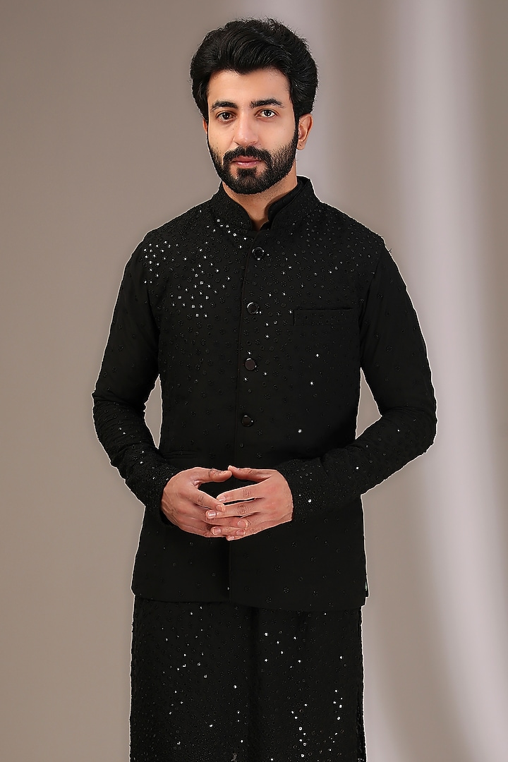 Black Georgette Thread & Sequins Embroidered Bundi Jacket Set by Rabani & Rakha Men at Pernia's Pop Up Shop
