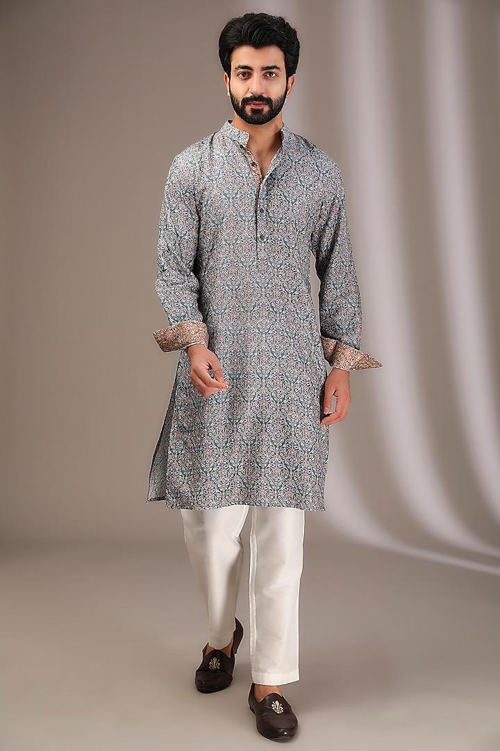 Teal Silk Printed & Beads Embroidered Kurta Set by Rabani & Rakha Men at Pernia's Pop Up Shop