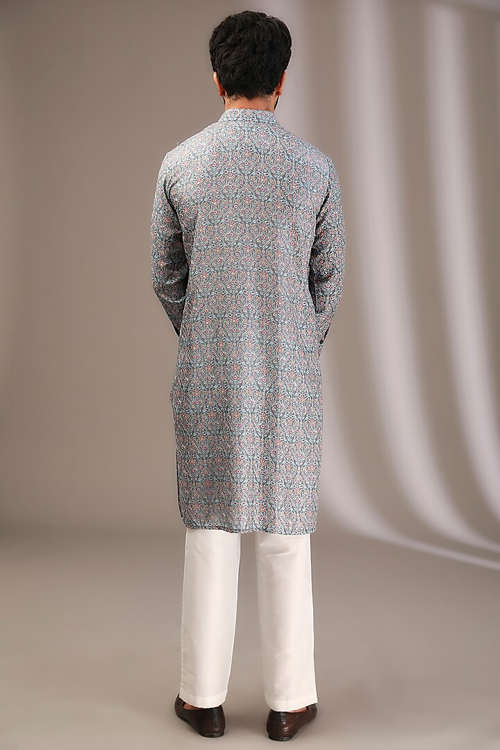 Teal Silk Printed & Beads Embroidered Kurta Set by Rabani & Rakha Men at Pernia's Pop Up Shop