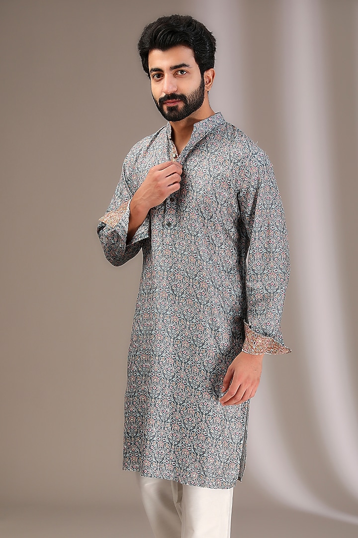 Teal Silk Printed & Beads Embroidered Kurta Set by Rabani & Rakha Men at Pernia's Pop Up Shop